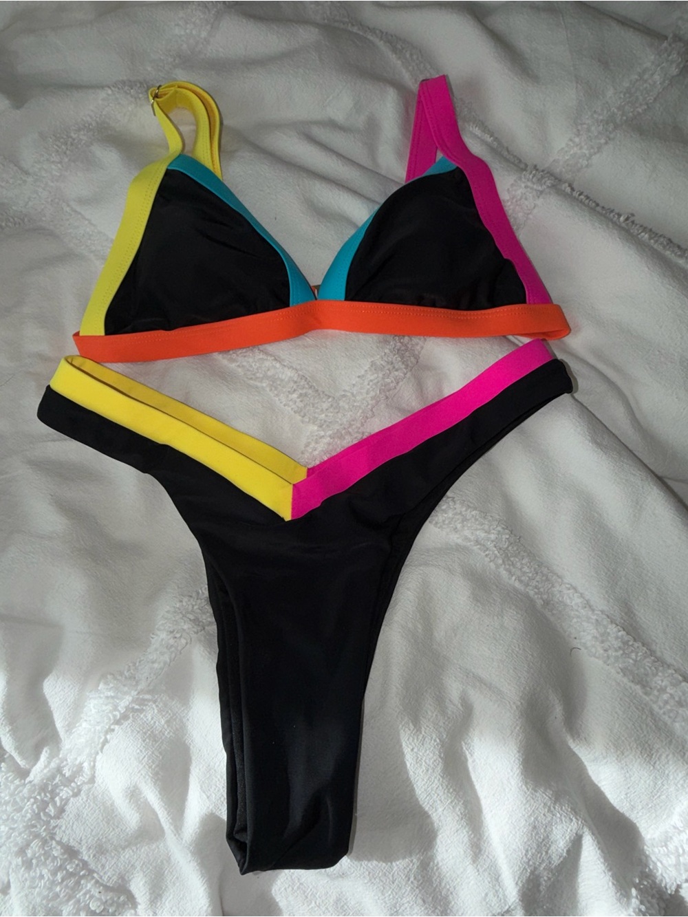 SHEIN Black Bikini with Pink, Yellow, Orange & Teal Trim